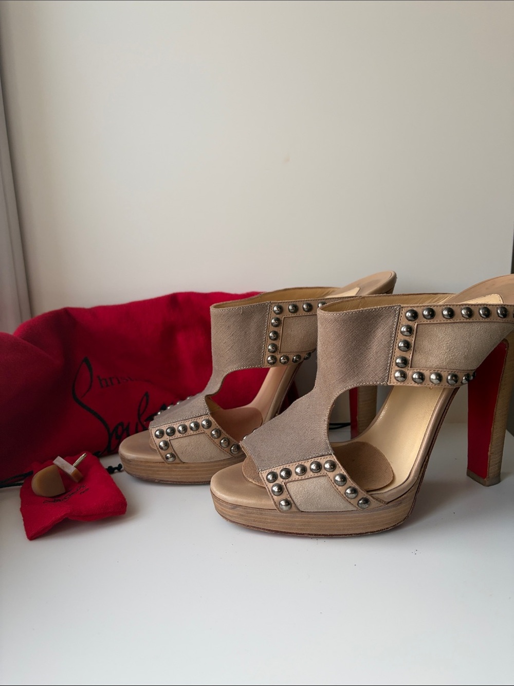 Christian Louboutin Taupe Suede Studded Open-Toe Mule with Red Sole